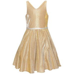 CINDERELLA COUTURE Metallic V Neck Pocket Dress Multisizes Gold 8013